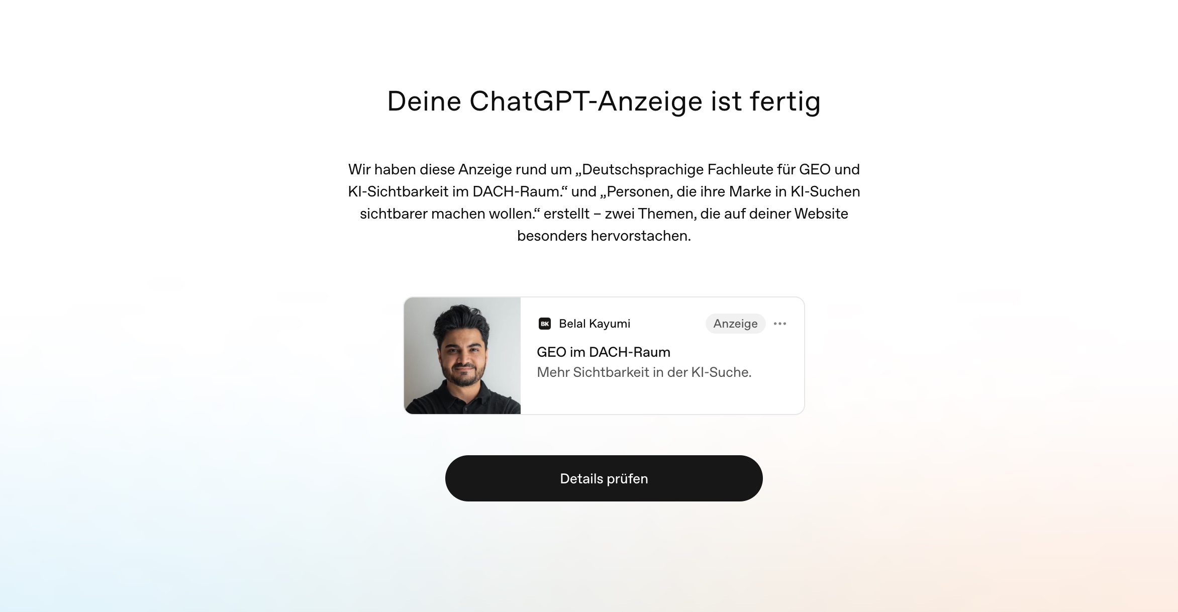 Beispiel einer ChatGPT-Anzeige unterhalb einer Chat-Antwort, gekennzeichnet als Anzeige