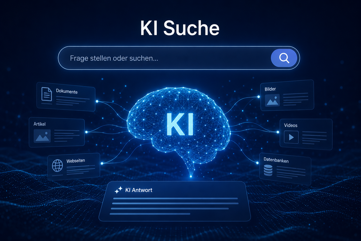 KI-Suche: Visualisierung eines KI-Gehirns mit Suchmaske und vernetzten Inhaltsquellen